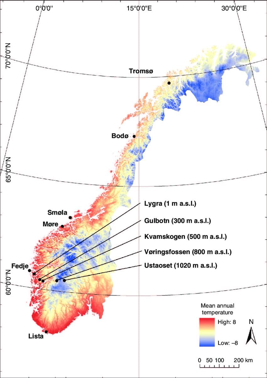 ノルウェーの温度地図