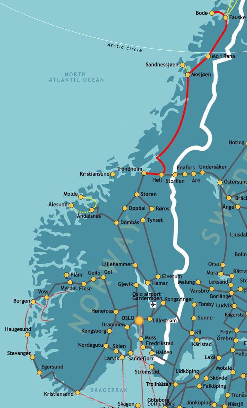 地図ノルウェーの北方鉄道