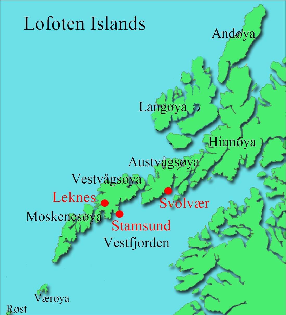 ンローフォテン諸島のノルウェーの地図