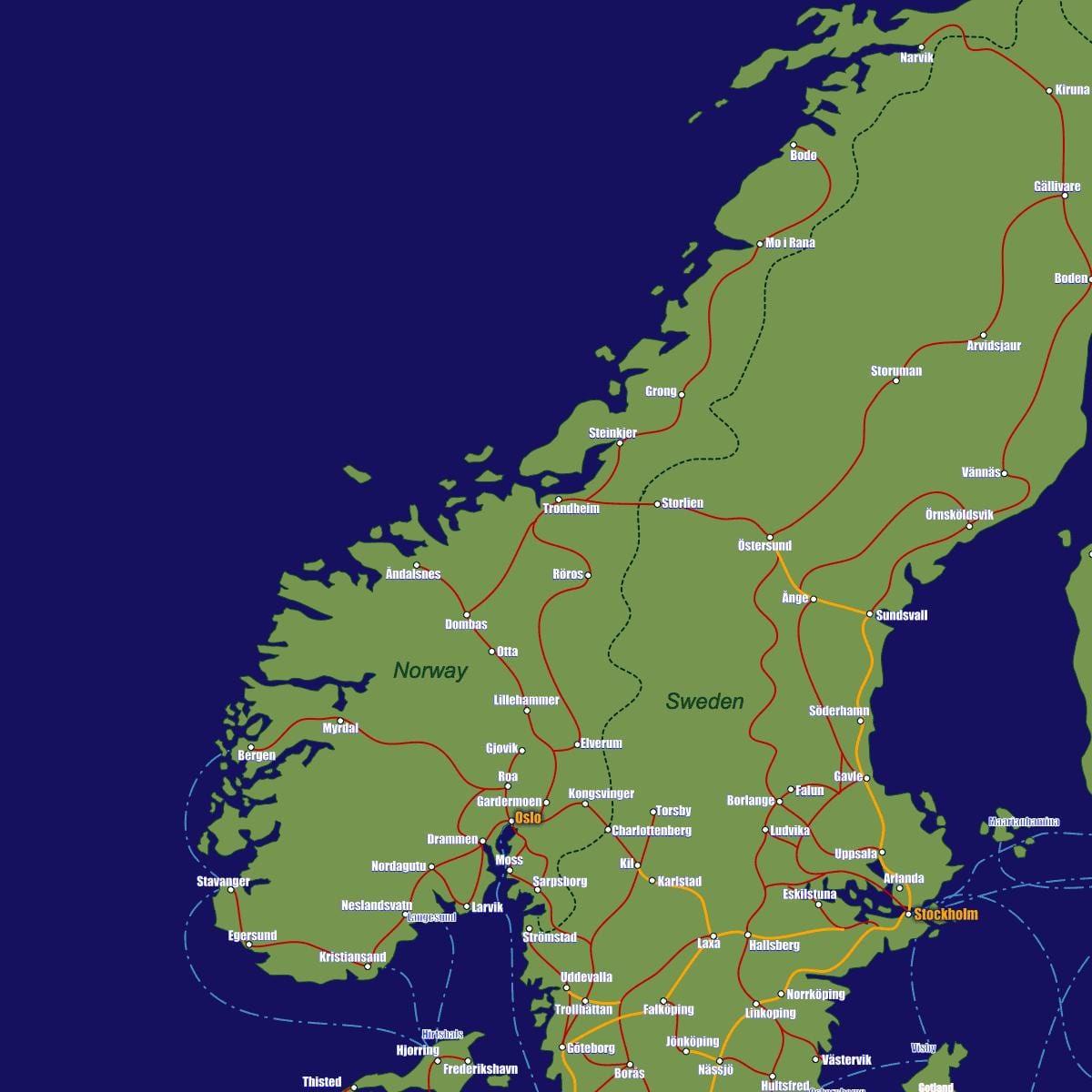 地図ノルウェーの電車路線